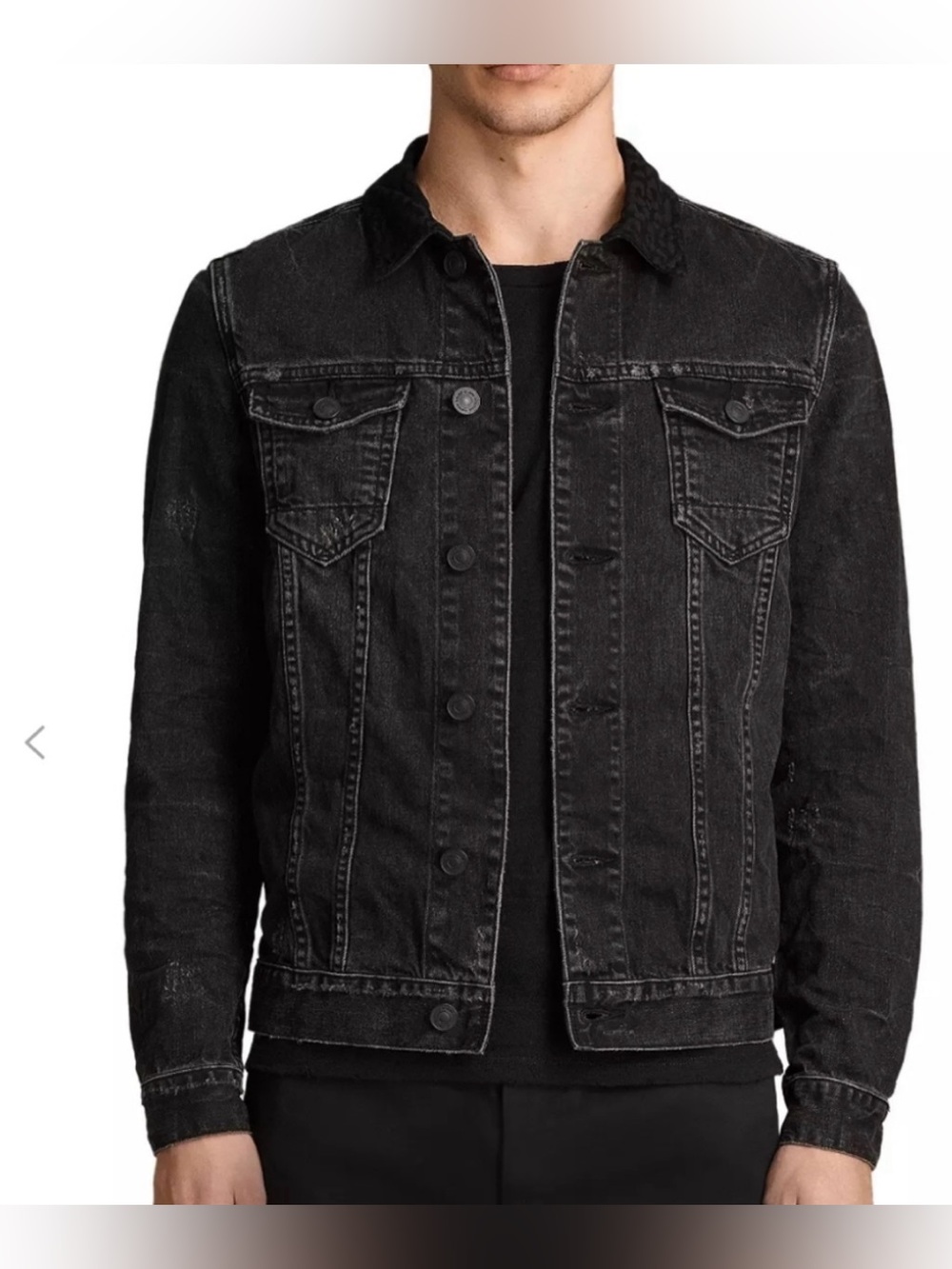 AllSaints Donlington Washed Distressed Denim Jacket Leopard Print Collar Small